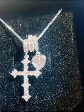14KGP Heart & Cross Pendant Necklace in White